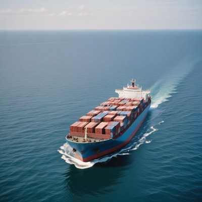A large cargo ship sails across the open ocean