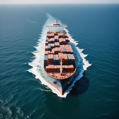 A large cargo ship sails across the open ocean