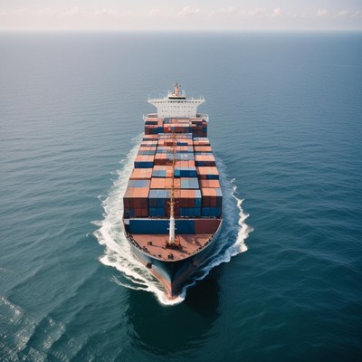 A cargo ship sails across the ocean