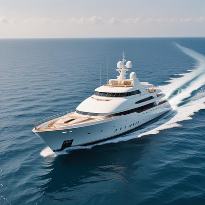 A white yacht sails on the blue ocean