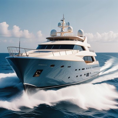 A yacht cruises through the ocean on a sunny day