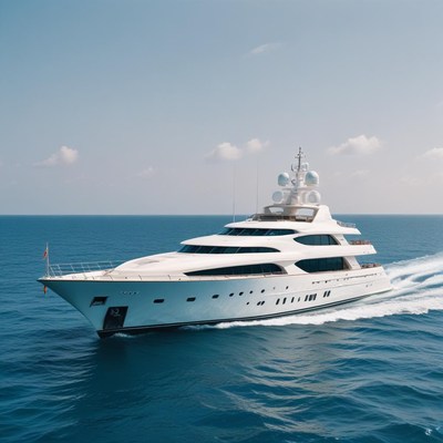 A white yacht cruises through the blue ocean on a sunny day