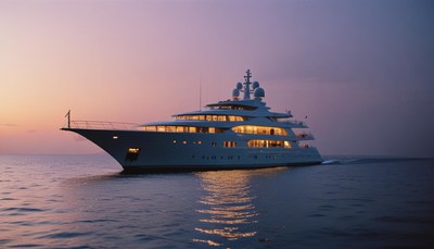 A large yacht cruises at sunset