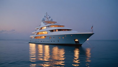 A large yacht sails at dusk