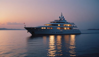 A yacht sails at sunset