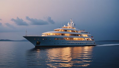A luxury yacht sails at dusk