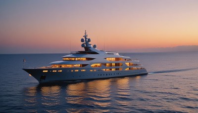 A large yacht sails through the ocean at sunset