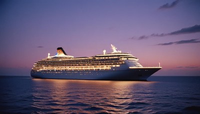 A cruise ship sails at dusk