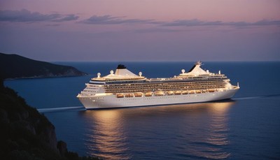 A cruise ship sails past a rocky island at dusk