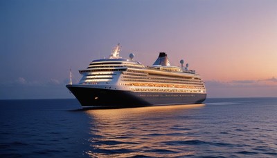A large cruise ship sails through calm waters at sunset