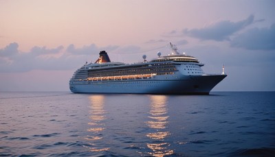 A large cruise ship sails through the ocean at dusk