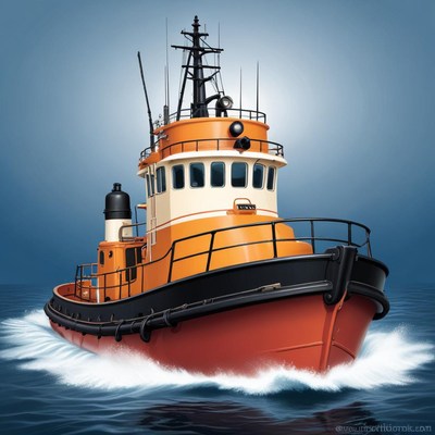 An orange tugboat sails through the water