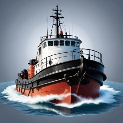 A red and black tugboat sails through the water