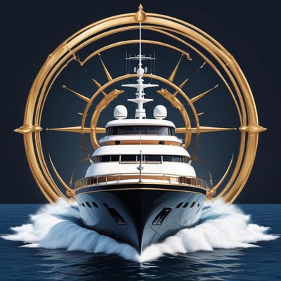 A yacht sails through the ocean under a golden compass
