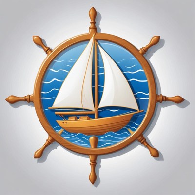 A wooden ship's wheel with a sailboat in the center