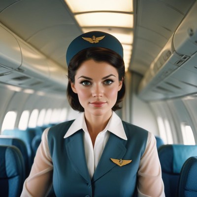 A flight attendant smiles in an airplane