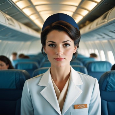 A flight attendant stands in the aisle of an airplane