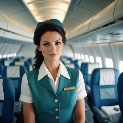 A flight attendant stands in the aisle of an airplane