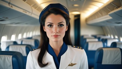 A flight attendant stands in the aisle of an airplane