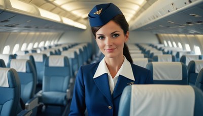 A flight attendant smiles in an airplane