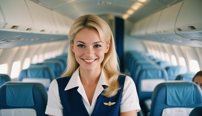 A flight attendant smiles in an airplane