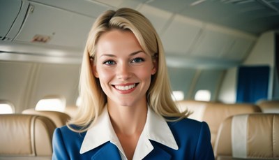 A flight attendant smiles on an airplane