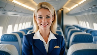 A flight attendant smiles in an airplane cabin