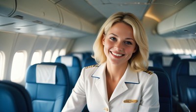 A smiling flight attendant sits in an airplane
