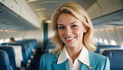 A smiling flight attendant stands in an airplane aisle