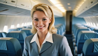 A flight attendant smiles in an airplane aisle