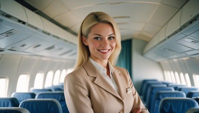 A flight attendant smiles inside an airplane