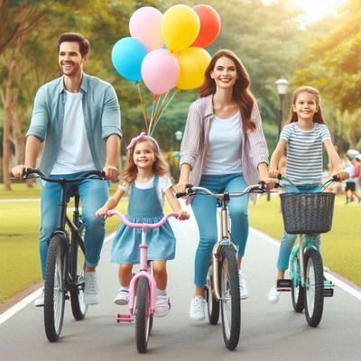 A family bikes through a park on a sunny day