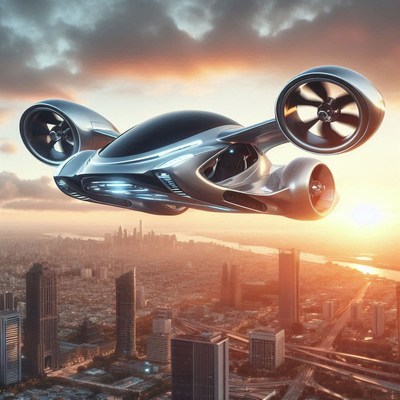 A futuristic flying car hovers over a city at sunset