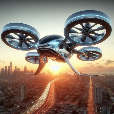 A flying car flies over a city at sunset