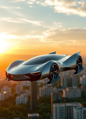 A flying car soars above the city at sunset