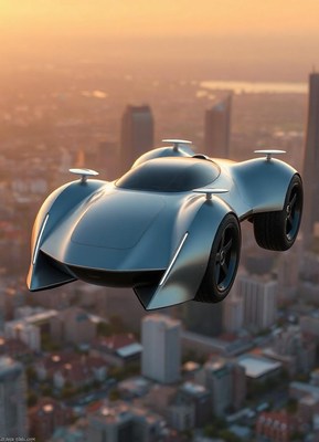 A futuristic car flies over a city at sunset
