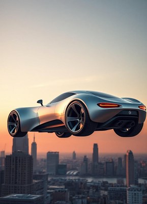 A silver sports car floats over a city at sunset
