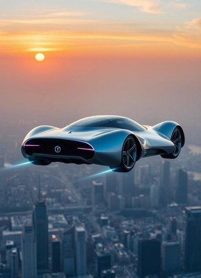 A futuristic car flies above a city at sunset