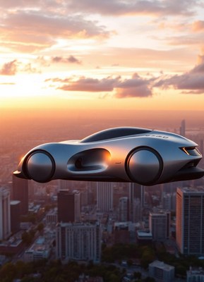 A futuristic car flies over a city at sunset