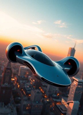 A futuristic flying car soars over a city at sunset