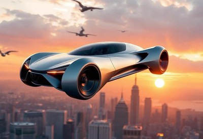 A futuristic car flies over the city at sunset