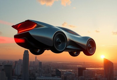 A futuristic car flies over a city at sunset