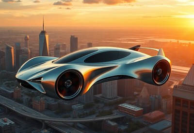 A futuristic car flies over a city at sunset
