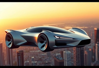 A futuristic car flies above a city at sunset