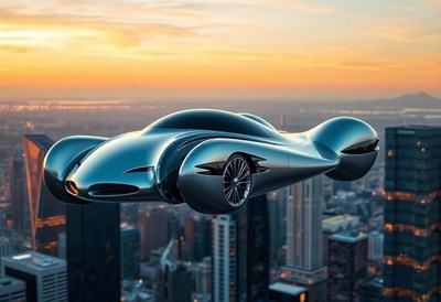 A futuristic car flies over a city at sunset