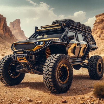 A black and gold off-road vehicle drives through the desert