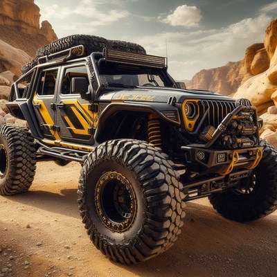 A black jeep drives through a desert landscape