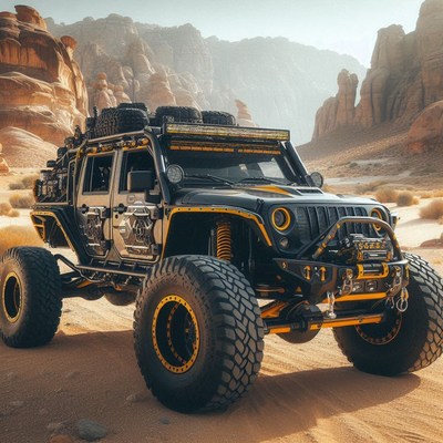A black jeep drives through a desert landscape