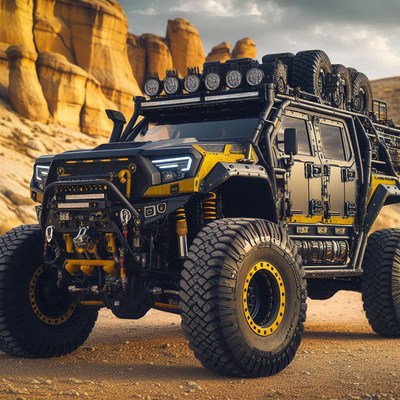 Black and yellow truck with roof rack in desert