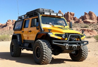 A yellow off-road vehicle in the desert
